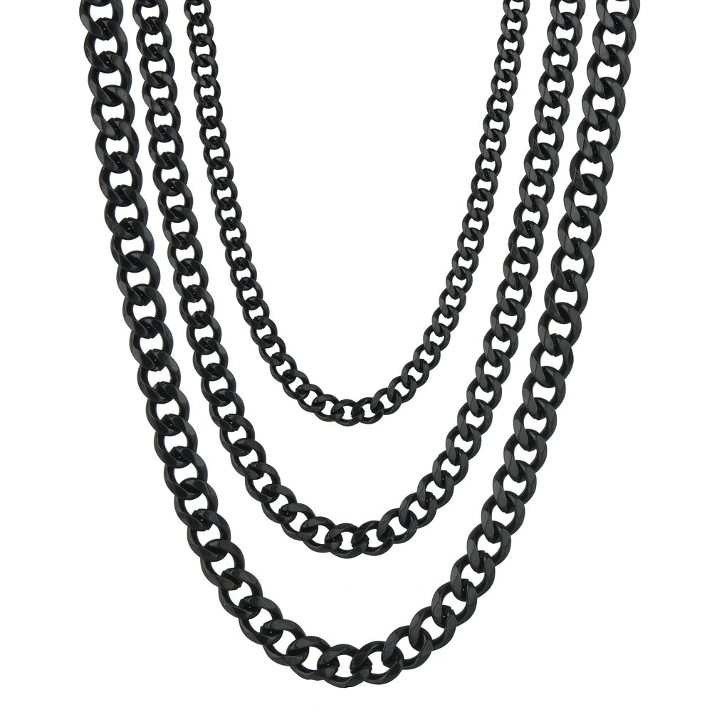Three black chain necklaces of different widths on a white background