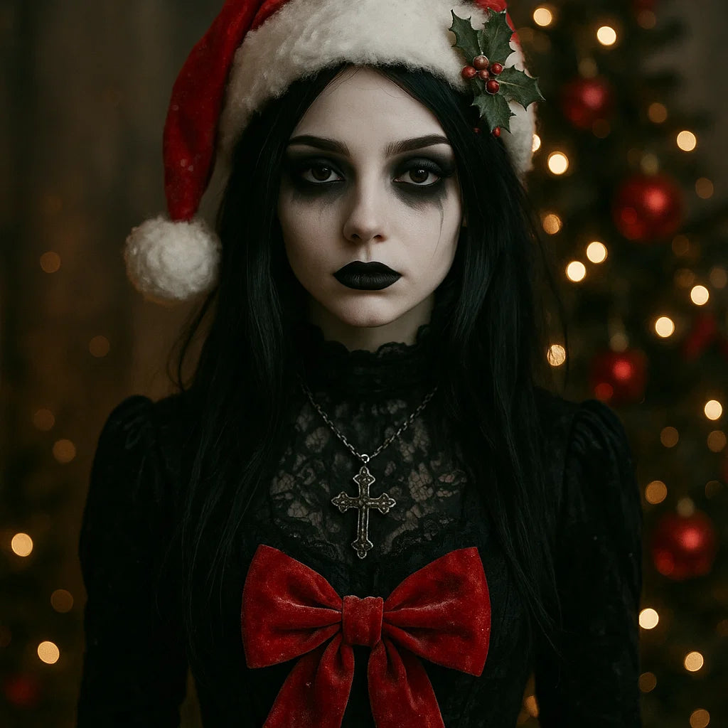 Person wearing a Santa hat with holly leaves and berries, dark makeup, and a red bow in front of a Christmas tree.